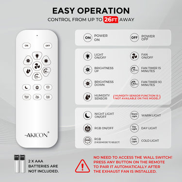 Remote control with various functions for an exhaust fan, featuring the brand 'Akicon'.