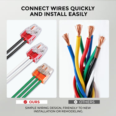 Wiring connectors with text 'Connect wires quickly and install easily' on a gray background.