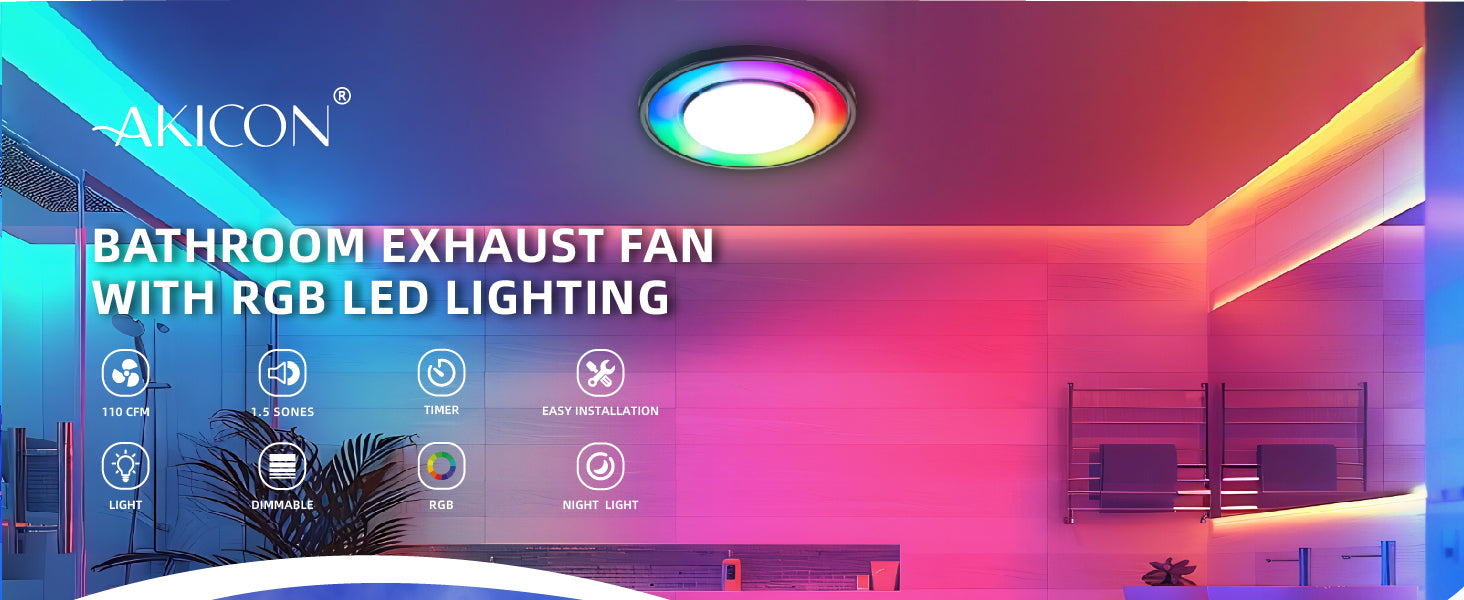 Bathroom exhaust fan with RGB LED lighting by AKICON, featuring colorful lighting and modern decor.