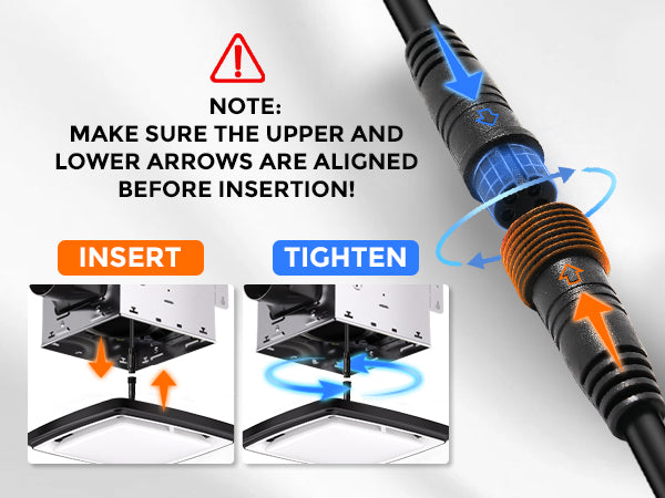 Illustration showing how to insert and tighten a component with arrows and text on a white background.