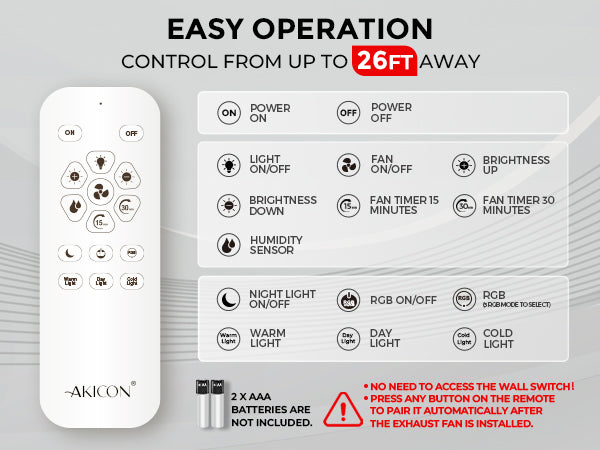 Remote control and label for an exhaust fan system with 'Akicon' branding.