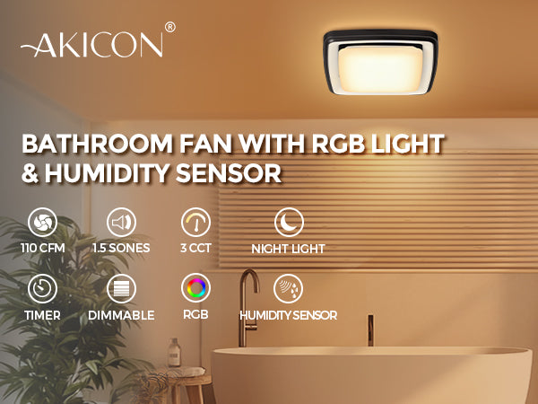 Bathroom fan with RGB light and humidity sensor by Akicon, featuring a modern bathroom setting.