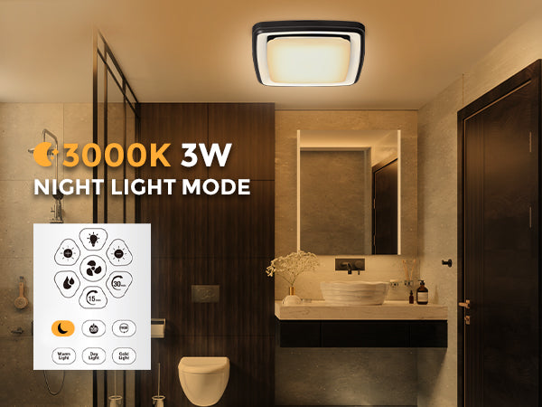 Bathroom with a ceiling light labeled '3000K 3W Night Light Mode' and control icons.