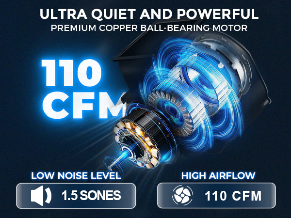 Motor with text highlighting ultra quiet and powerful features on a dark background