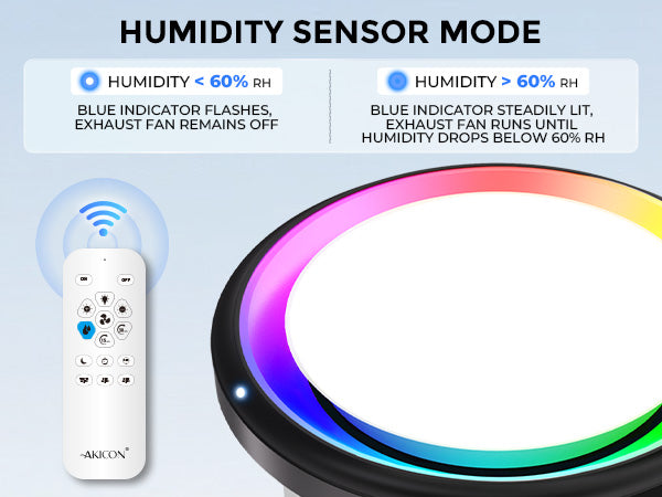 Humidity sensor mode explanation with a device and remote control on a light blue background