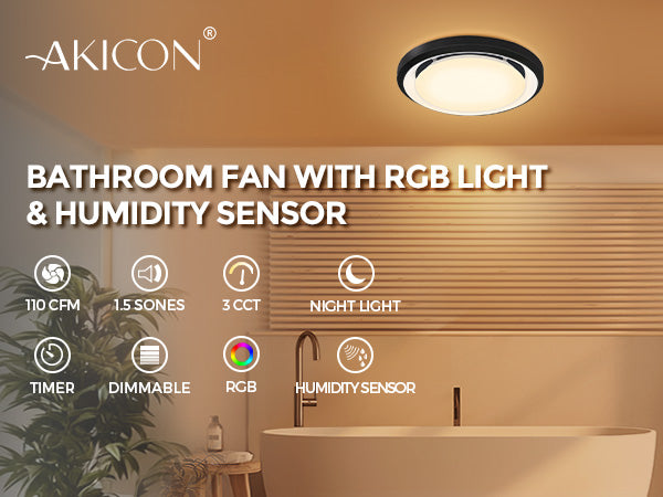 Bathroom fan with RGB light and humidity sensor by Akicon, featuring a modern bathroom setting.