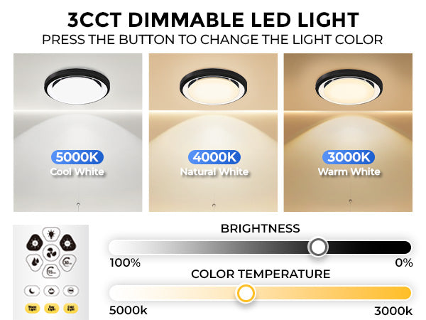 3CCT Dimmable LED Light with color temperature and brightness controls on a white background