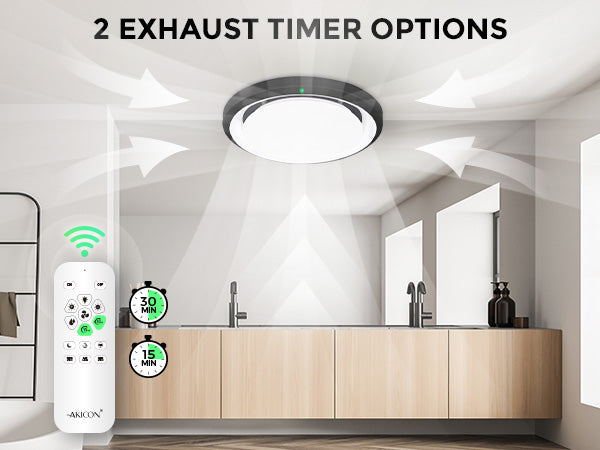 Bathroom with a ceiling light fixture and remote control, highlighting exhaust timer options.
