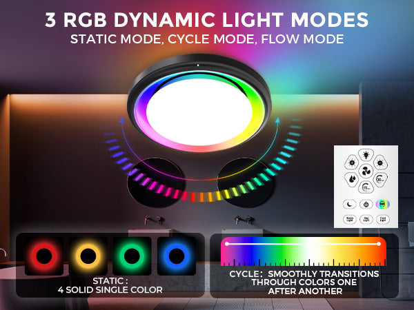 RGB dynamic light modes with LED strip and remote control on a dark background