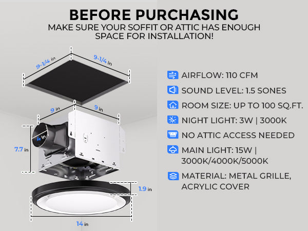 Ceiling exhaust fan with dimensions and specifications on a gray background