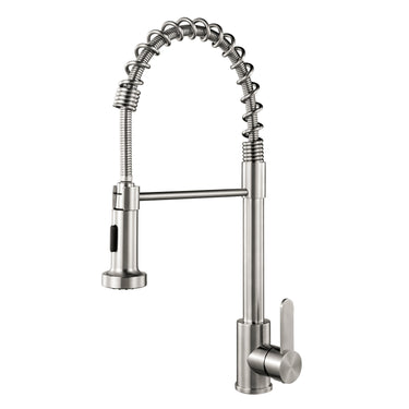 Stainless steel kitchen faucet with pull-down spray head on a white background