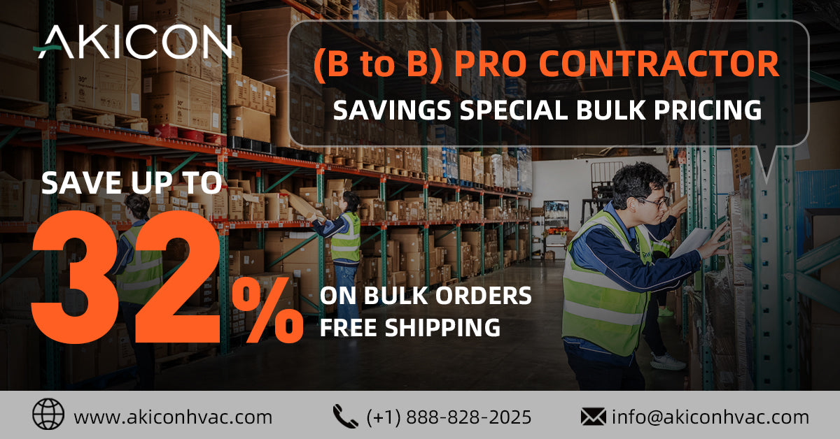 Warehouse setting with workers and promotional text for Akicon HVAC contractor services.