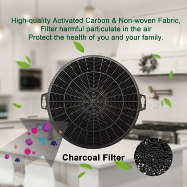 Activated carbon filter with text about air quality and health benefits, set against a blurred indoor background.