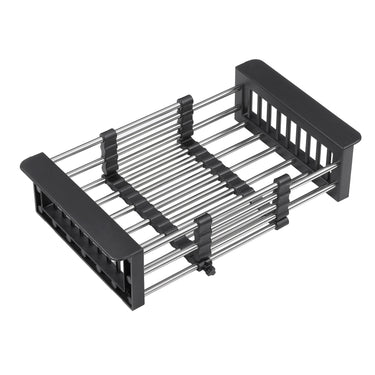 Dish drying rack with black frame and silver metal bars on a white background