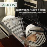 Dishwasher safe filters with AKICON branding and text about removable baffle filters and ease of cleaning.