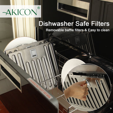 Dishwasher safe filters with AKICON branding and text about removable baffle filters and ease of cleaning.