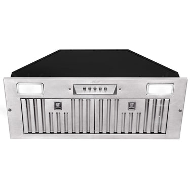 Stainless steel range hood with black glass panel on a white background