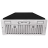 Stainless steel range hood with black glass panel on a white background
