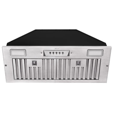 Stainless steel range hood with black glass panel on a white background