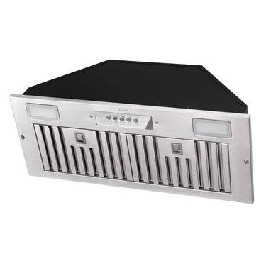 Stainless steel range hood with black top on a white background