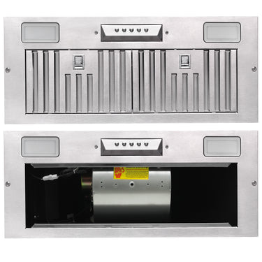 Stainless steel range hood with visible interior components on a white background