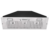 Stainless steel range hood with black top on a white background