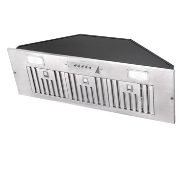 Stainless steel range hood on a white background