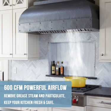 Kitchen with a range hood and text about powerful airflow