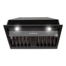 Black kitchen range hood with LED lights on a white background