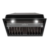 Black kitchen range hood with LED lights on a white background