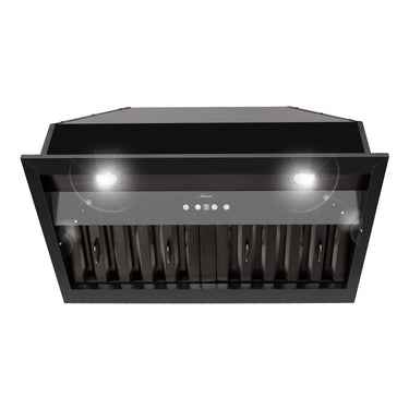 Black kitchen range hood with LED lights on a white background