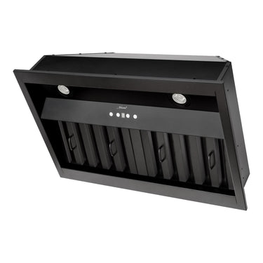Black range hood on a white background
