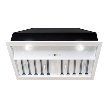 Kitchen hood with black top and white base on a white background