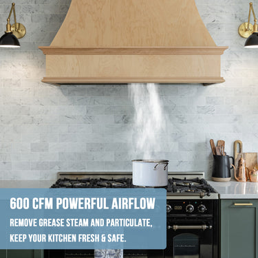 Kitchen with a wooden range hood emitting steam, featuring text about powerful airflow.