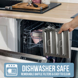 Person removing a filter from a dishwasher with text about dishwasher-safe features.