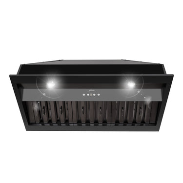 Black range hood on a white background