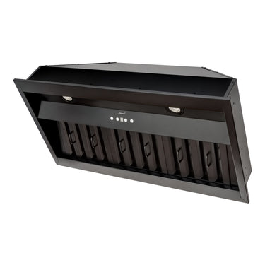 Black range hood on a white background