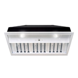 Stainless steel range hood with black top on a white background