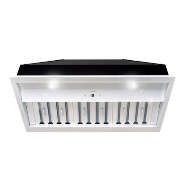 Stainless steel range hood with black top on a white background