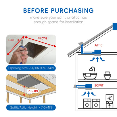 Diagram showing installation requirements for a soffit or attic, including measurements and illustrations.