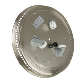 Round metal component with various attachments on a white background