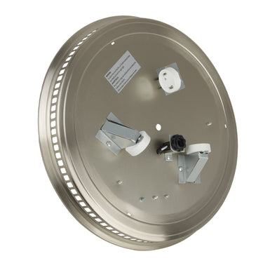 Round metal component with various attachments on a white background