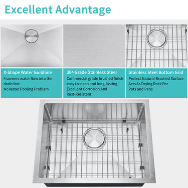 Stainless steel kitchen sink with features highlighted on a white background