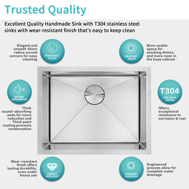 Stainless steel sink with features highlighted on a white background