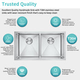 Stainless steel sink with features highlighted on a white background