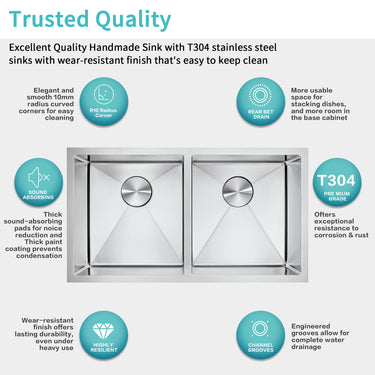 Stainless steel sink with features highlighted on a white background