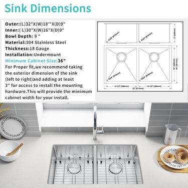 Stainless steel kitchen sink with dimensions and installation instructions displayed.