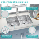 Stainless steel undermount sink with features highlighted on a kitchen counter.