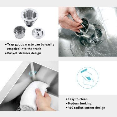 Basket strainer design for cleaning sink with text highlighting features
