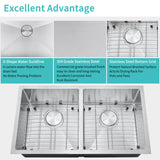 Stainless steel kitchen sink with features highlighted on a white background